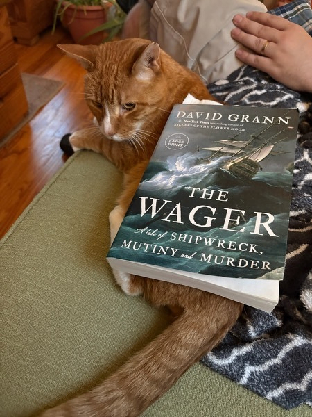 A paperback copy of The Wager by David Grann resting gently atop an orange-and-white cat curled up cozily on a green couch. A paperback copy of The Wager by David Grann resting gently atop an orange-and-white cat curled up cozily on a green couch.